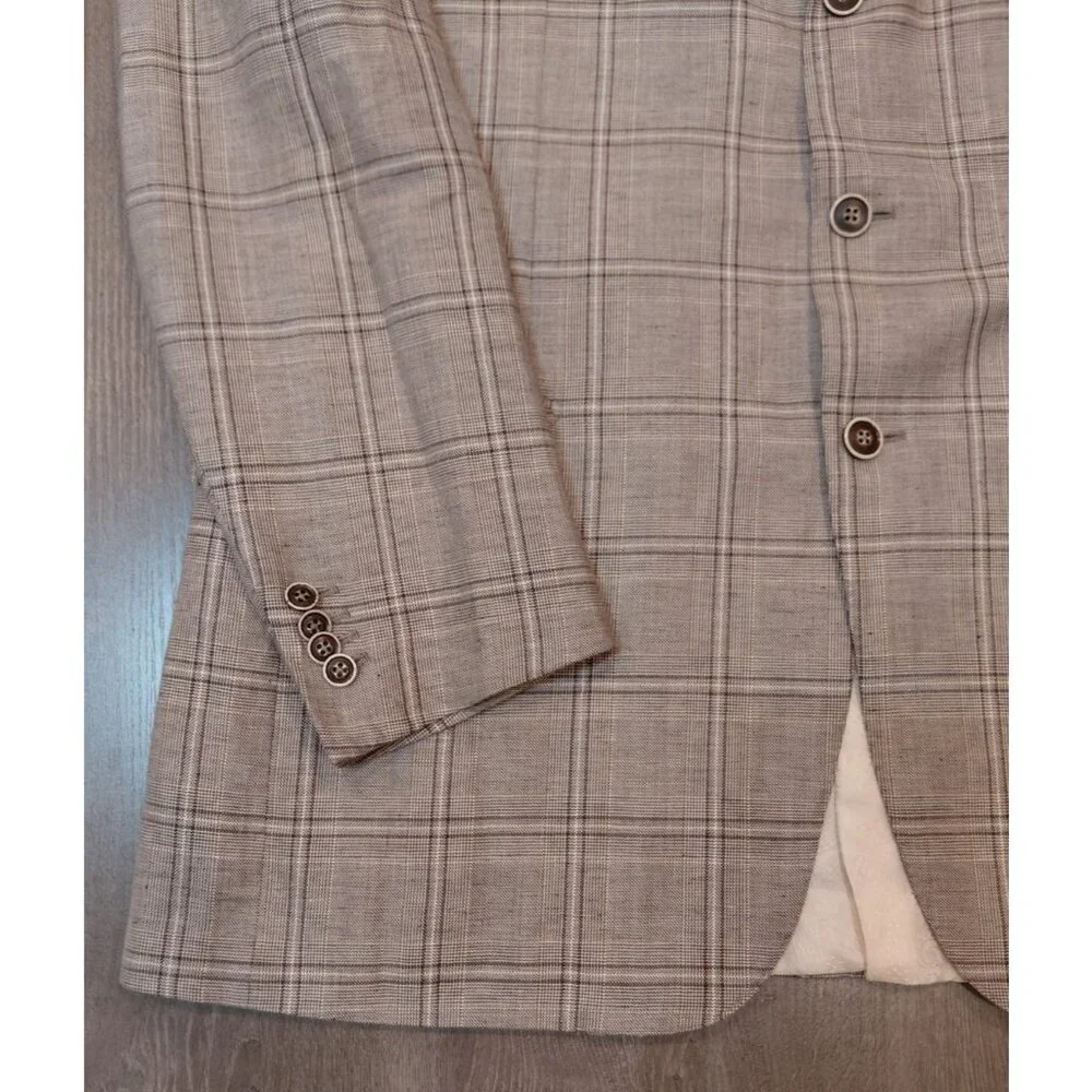 Baumans Ermenegildo Zegna Blazer Sport Coat 3-Button Linen Wool Checked‎ Blazer
